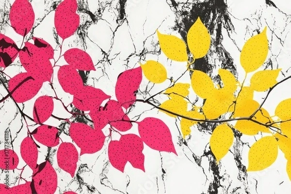 Fototapeta Vibrant pink and yellow leaves patterned on a textured, cracked white surface, showcasing a bold graphic design.
