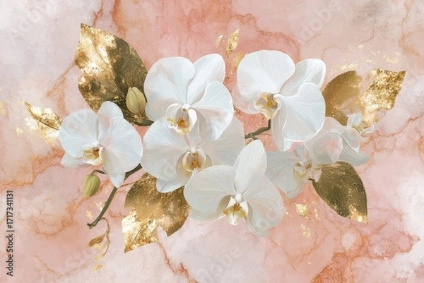 Fototapeta A delicate arrangement of white orchids with golden leaves, set against a backdrop of a soft pink marble texture.