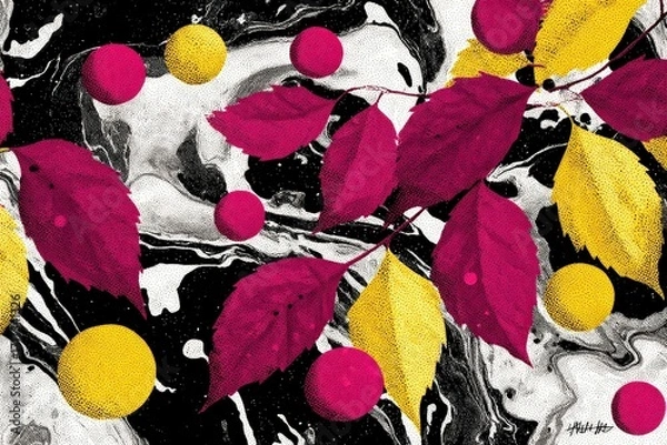 Fototapeta Vibrant leaves and circles create a striking autumnal design with a marbled background.