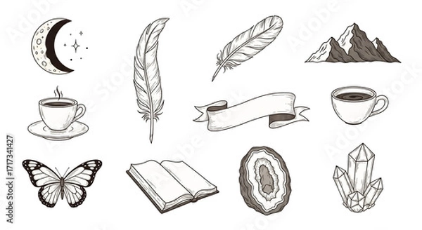 Fototapeta Collection of dark fantasy elements isolated on transparent background