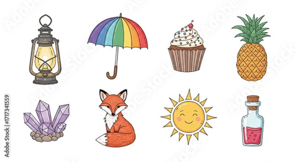 Fototapeta Collection of whimsical illustrations of objects isolated on transparent background