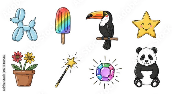 Fototapeta Collection of colorful cartoon objects isolated on transparent background