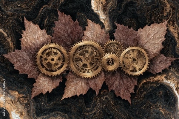 Fototapeta Ornate gears and intricate leaves arranged against a rich, dark background create a captivating steampunk aesthetic.