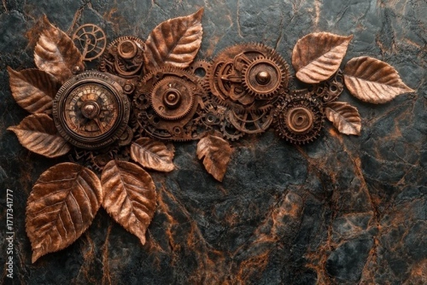 Fototapeta An intricate arrangement of rusted gears and copper leaves, creating a steampunk-inspired decorative design on a dark stone surface.