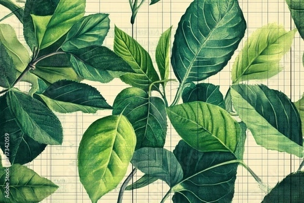 Fototapeta A vibrant botanical illustration showcases a multitude of lush green leaves, detailed with veins and textures, arranged against a soft cream background with a delicate grid pattern.