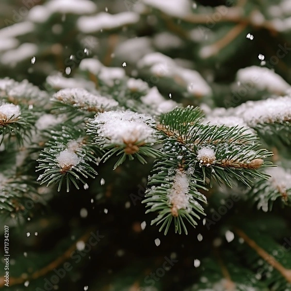 Obraz Close-up of snow-covered evergreen branches.  Soft snowfall gently falling.  Focus on the delicate needles and tiny snow crystals