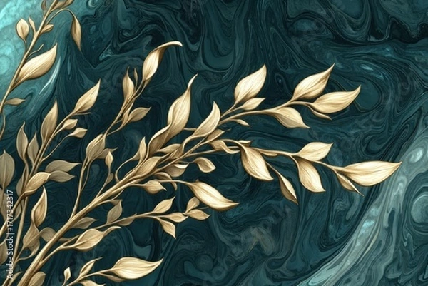 Fototapeta Elegant gold leaves gracefully arranged against a deep teal marbled backdrop create a sophisticated and luxurious design.