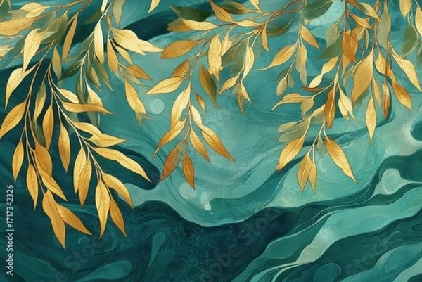 Fototapeta Golden leaves cascade over a teal marbled background, creating a tranquil and elegant design.