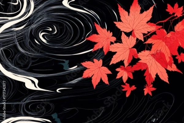 Fototapeta Vivid coral-hued maple leaves gracefully cascade over a dark background, swirling with abstract, flowing lines.