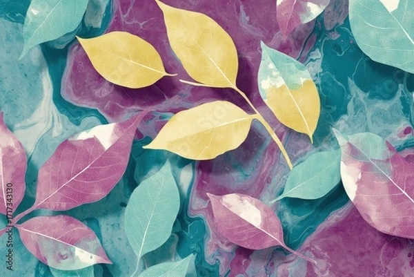 Fototapeta A vibrant arrangement of delicate leaves in shades of teal, purple, and gold, set against a backdrop of swirling marbled colors.