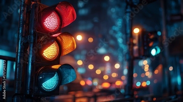 Fototapeta A traffic light with a green light is lit up in the night