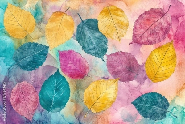 Fototapeta Vibrant autumn leaves, depicted in watercolor style, with a dynamic, colorful composition.