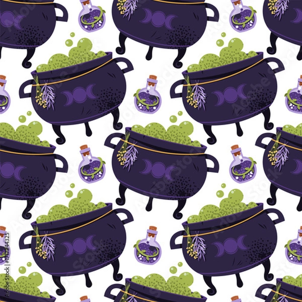 Fototapeta Seamless Pattern with Witch Cauldron and Magic Potion Seamless Pattern. Halloween Witchcraft Background for Gift Wrap, Textile, Wallpaper and Spellbook Design