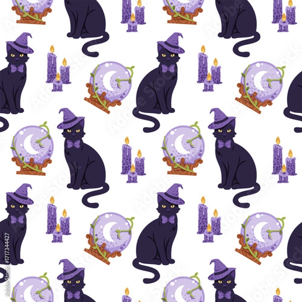 Fototapeta Mystic Witchcraft Seamless Pattern with Black Cat, Crystal Ball and Candles. Divination Background for Occult Gift Wrap, Halloween Textile, Dark Wallpaper and Magic Theme Design