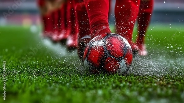 Obraz Close-up of soccer players in red uniforms, running with a ball, on a wet field