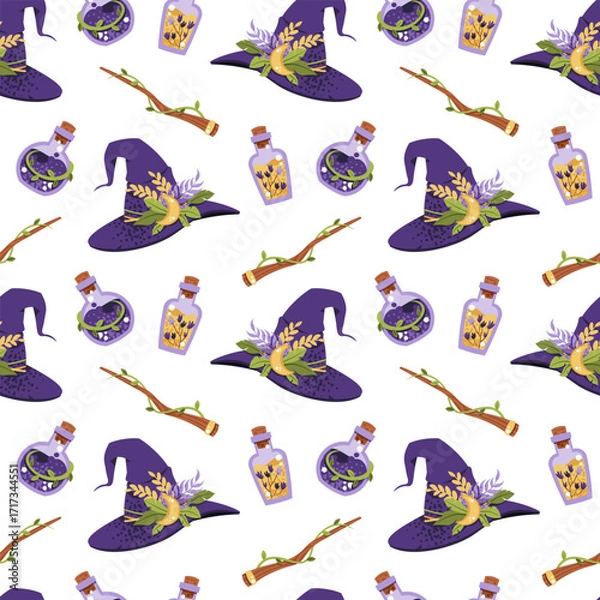 Fototapeta Witchcraft Seamless Pattern with Magic Hat, Wand and Potion Bottles. Occult Halloween Background for Gift Wrap, Textile, Wallpaper and Mystic Design