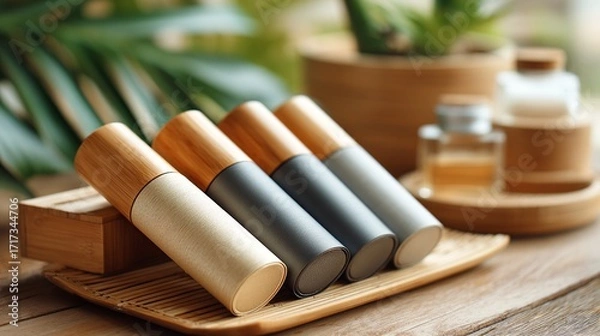 Fototapeta A wooden tray with four different colored bottles on it