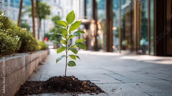 Fototapeta A small tree is growing in a crack in the sidewalk