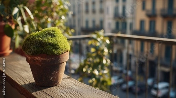 Fototapeta A small potted plant sits on a ledge in front of a building