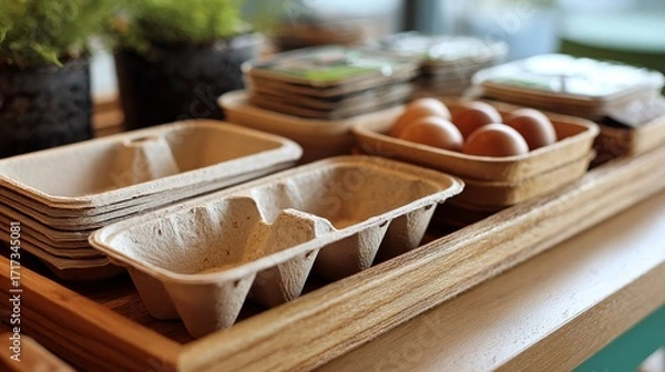 Obraz A tray of eggs and other food items sits on a wooden table