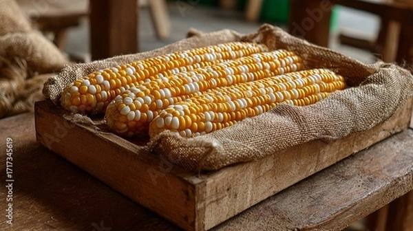 Fototapeta A basket of corn is sitting on a wooden table