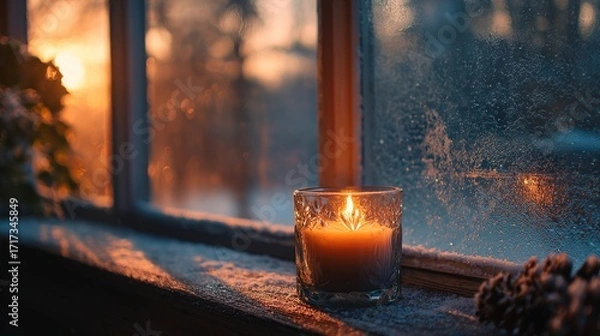Obraz A candle is lit in a glass on a window sill