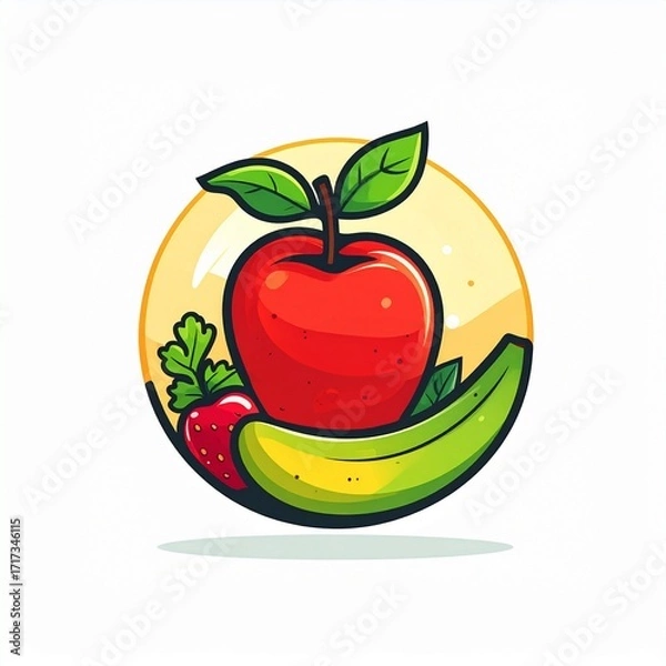 Fototapeta Fresh Fruits Delight A Vibrant Logo Showcasing Apple, Banana, and Strawberry in a Circular Design