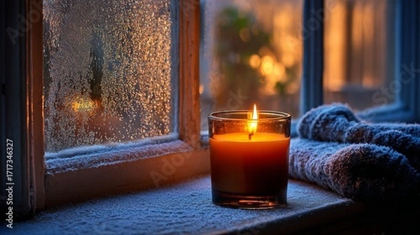 Fototapeta A candle is lit in a glass jar on a window sill