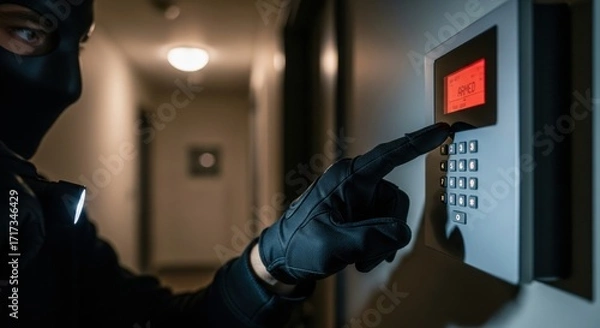Fototapeta Male burglar in a black balaclava pressing buttons on a house alarm system. Intruder disarming security panel. Concept of theft.