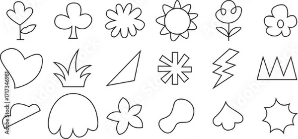 Fototapeta simple line hand drawn art. childish drawn element. 
 flower, sun, triangle , heart, tree etc line art vector