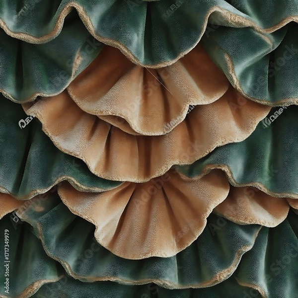 Fototapeta Close-up of textured, layered fabric with ruffles in teal and peach