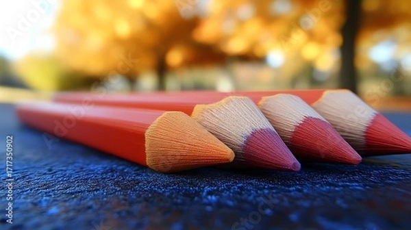 Fototapeta Close-up of three colored pencils, red, orange, and pink,  lying on a dark-blue surface, with blurred autumn foliage in the background