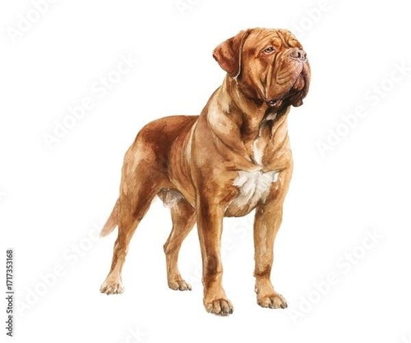 Fototapeta Dogue de Bordeaux standing in profile with muscular build and white chest patch, representing strength and pure-breed identification