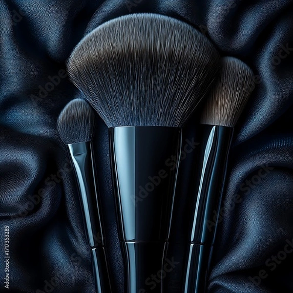 Fototapeta Close-up of three dark makeup brushes on a luxurious navy blue satin fabric