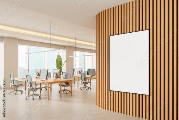Fototapeta Modern office interior with vertical wood slat wall and blank poster mockup in open workspace with desks and computers near large windows during daytime. 3D Rendering