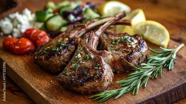 Fototapeta A plate of lamb chops with lemon slices and herbs on a wooden cutting board