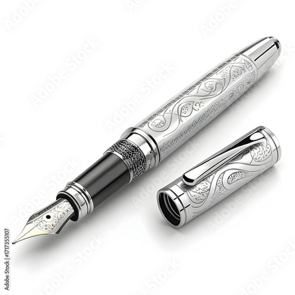 Fototapeta A sleek fountain pen displayed on a white background, showcasing its elegant design, metal nib,