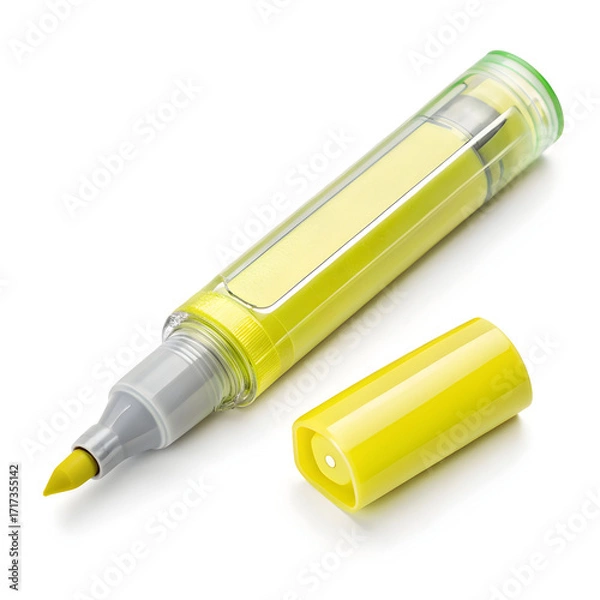Fototapeta A bright highlighter marker, isolated on a clean white background, typically used to emphasize text in books, notes