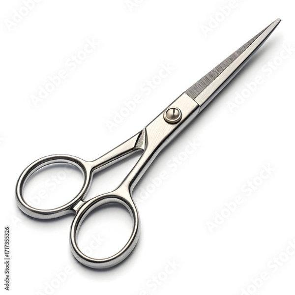 Fototapeta A pair of metal and plastic scissors isolated on a white background, commonly used for cutting paper,