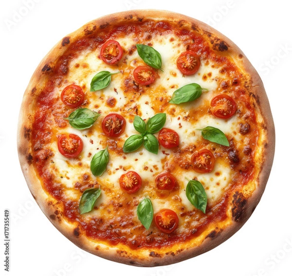 Fototapeta Classic margherita pizza with mozzarella, cherry tomatoes and basil leaves viewed from above, isolated on transparent background