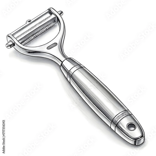 Fototapeta A stainless steel vegetable peeler isolated on white background, designed for efficiently peeling skins off vegetables
