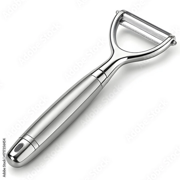 Fototapeta A stainless steel vegetable peeler isolated on white background, designed for efficiently peeling skins off vegetables