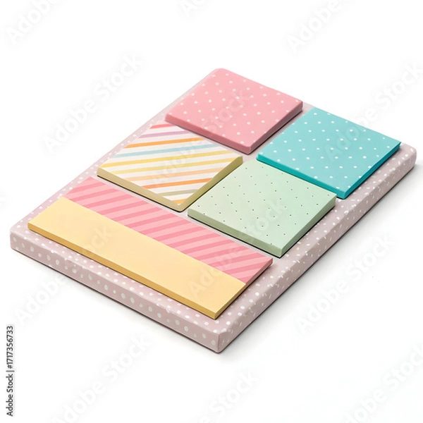Fototapeta A sticky notes pad isolated on white background, featuring small, colorful adhesive sheets ideal for reminders, messages