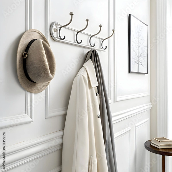 Fototapeta A wall-mounted coat hook isolated on a white background, designed for hanging coats, hats, bags,