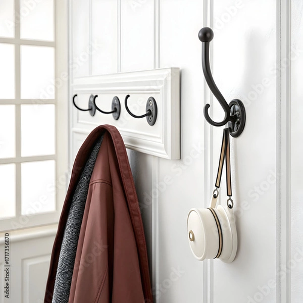 Fototapeta A wall-mounted coat hook isolated on a white background, designed for hanging coats, hats, bags,