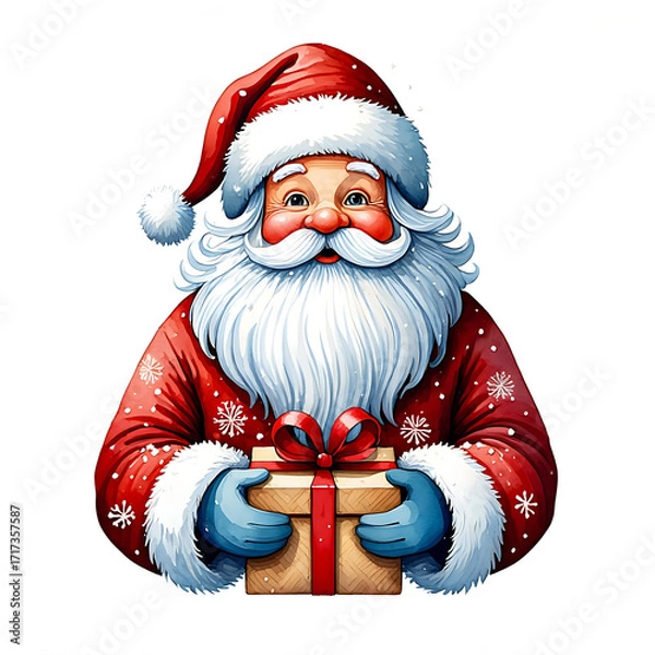 Fototapeta Cheerful Santa Claus Holding a Christmas Gift Box with Red Ribbon and Festive Snowflakes against a White Background