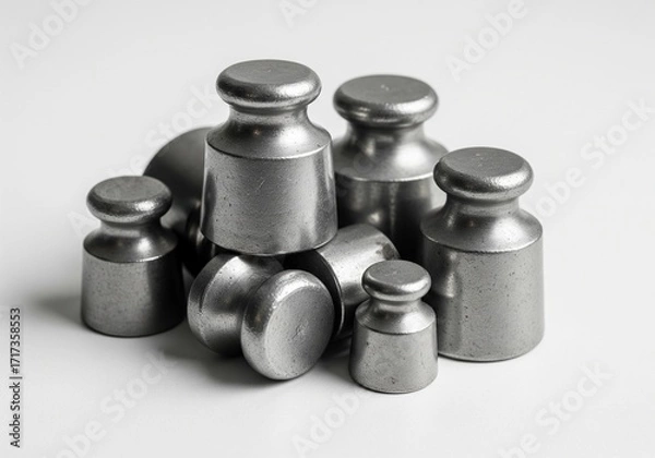 Obraz Metallic cone-shaped weights arranged on white surface representing industrial, utilitarian, neutral, functionality