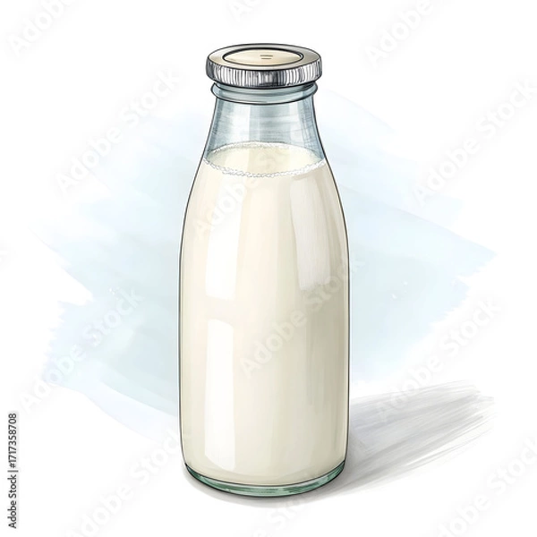 Fototapeta A clear glass milk bottle isolated on white background, designed for storing and serving fresh milk
