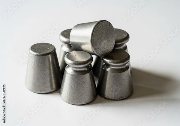 Obraz Metallic cone-shaped weights arranged on white surface representing industrial, utilitarian, neutral, functionality