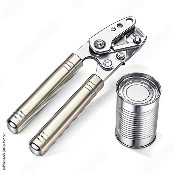 Fototapeta A metal can opener isolated on white background, designed for safely and efficiently opening cans in kitchens